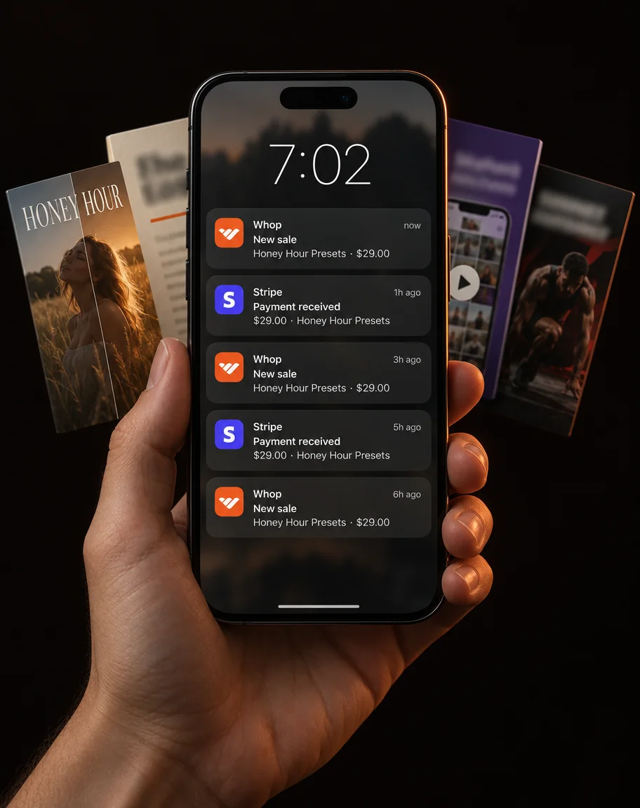 A hand holding a phone whose lock screen shows five overnight sale notifications for Honey Hour Presets, with product covers fanned out behind it