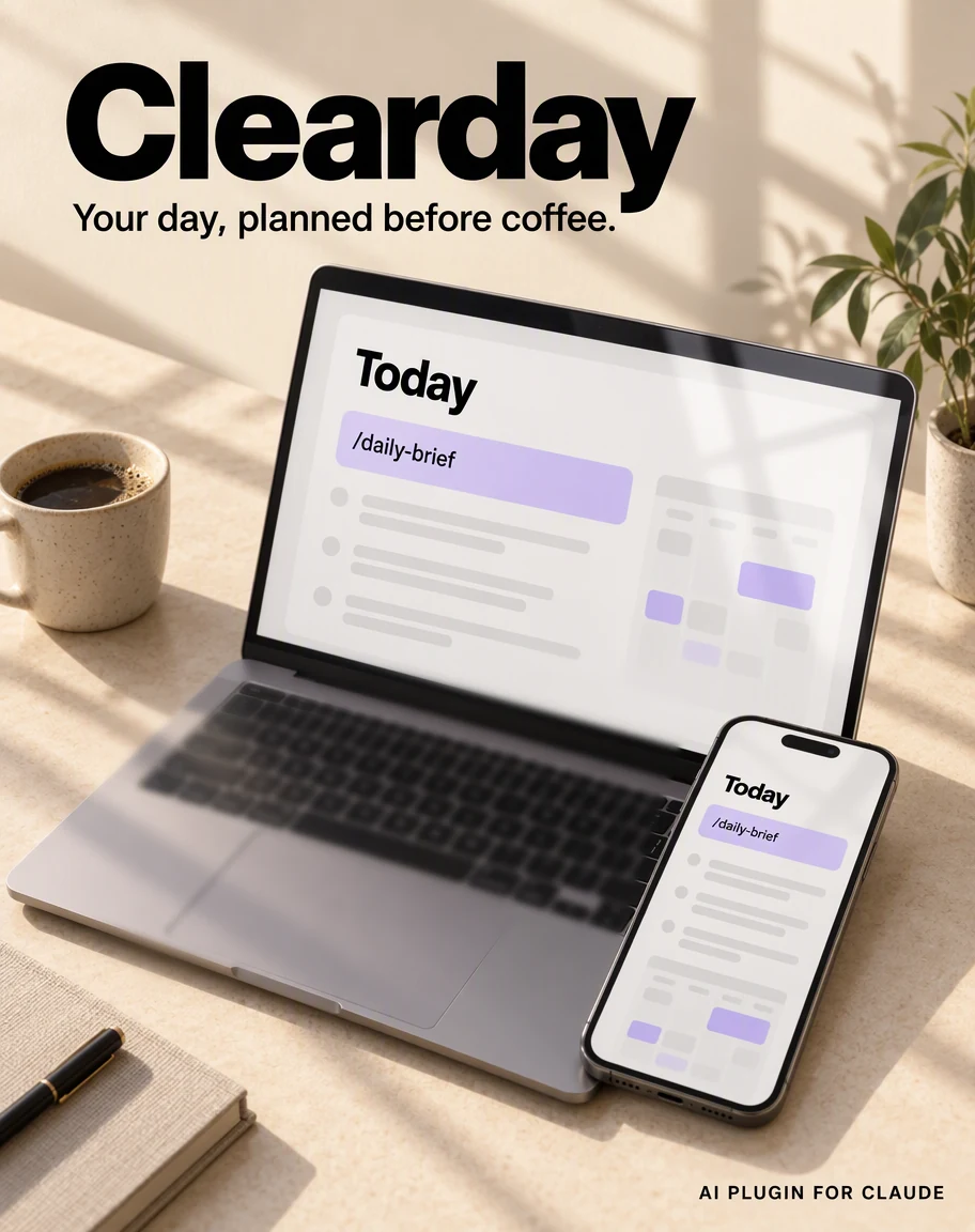 Cover of Clearday, an AI assistant plugin for Claude, shown on a laptop and a phone