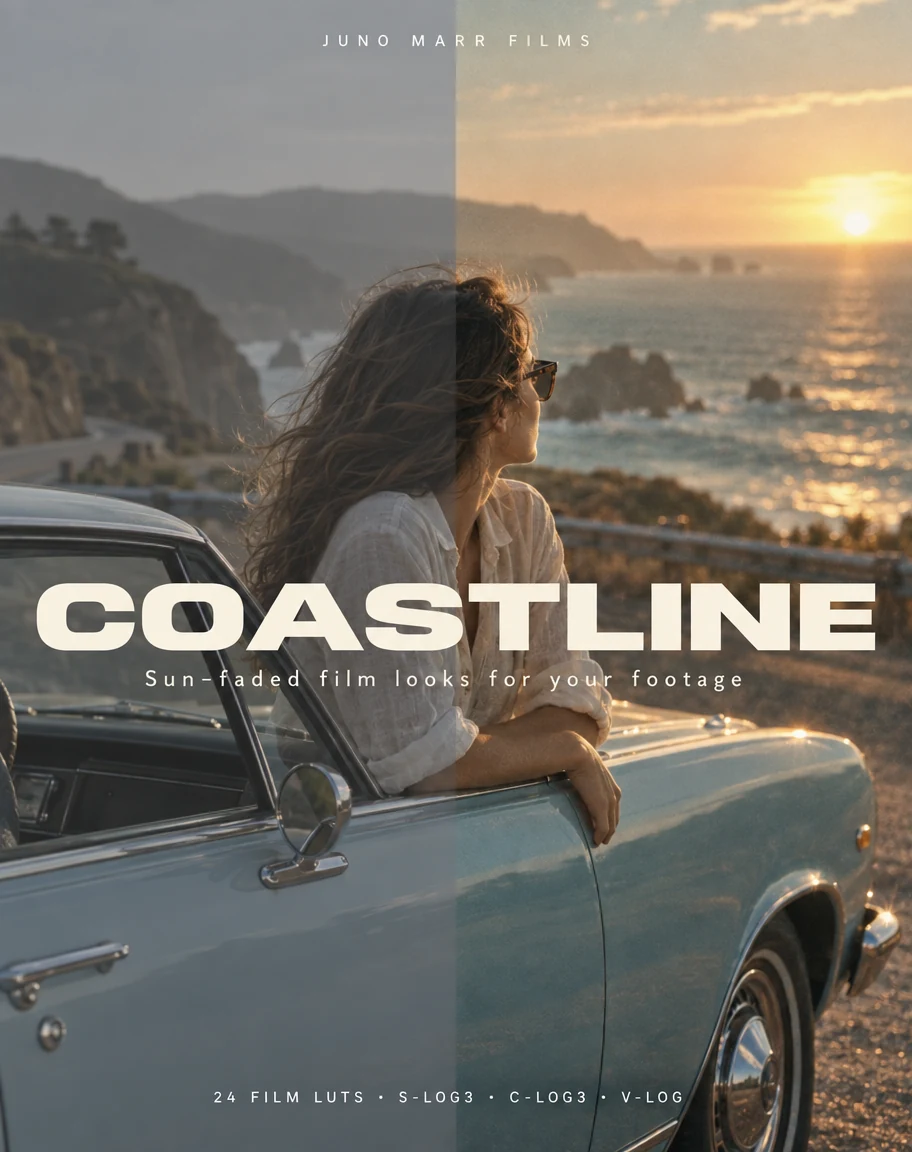 Cover of Coastline, a pack of 24 film LUTs: a coastal scene split into ungraded and graded halves