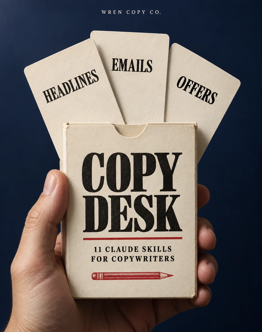 Cover of Copy Desk, 11 Claude skills for copywriters, shown as a box of cards held in a hand