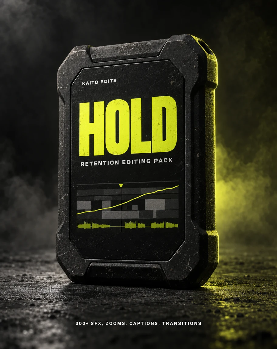 Cover of HOLD, a retention editing pack for video editors, shown as a rugged drive with a yellow label