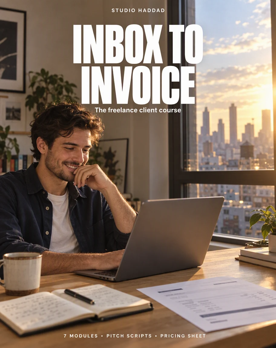 Cover of Inbox to Invoice, a freelance client course: a designer smiling at his laptop