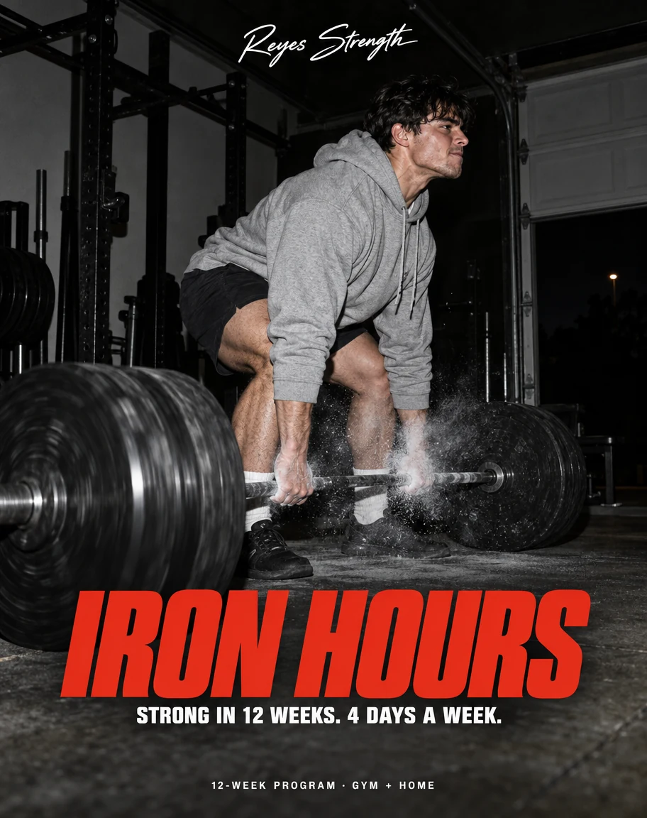 Cover of Iron Hours, a 12-week strength guide: an athlete lifting a barbell in a garage gym