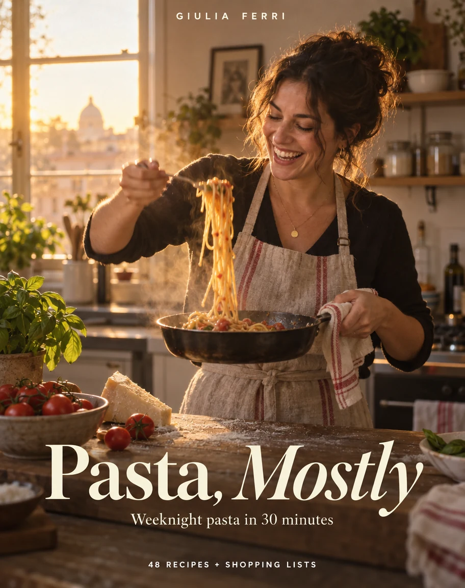 Cover of Pasta, Mostly, a weeknight pasta recipe guide: a cook lifting spaghetti from a pan in a sunlit kitchen