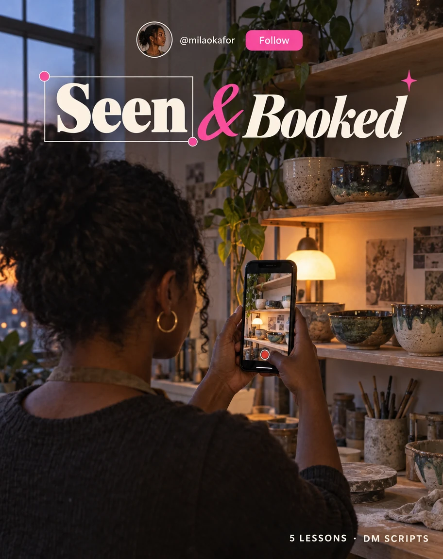 Cover of Seen & Booked, an Instagram growth mini course: a ceramicist filming her work on a phone